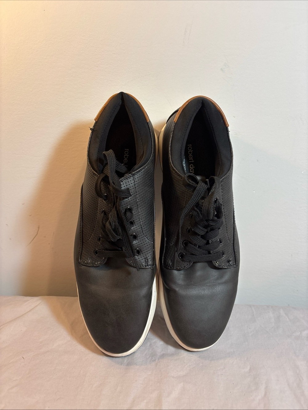 Men's  Robert Davis Black Leather Slip-On Sneakers with White Sole